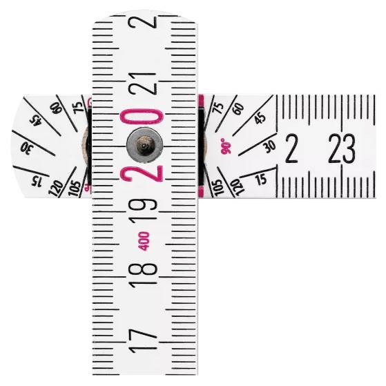 Ein multifunktionales Lineal mit Winkelmesser und Maßskalen für präzise Winkel- und Längenmessungen.