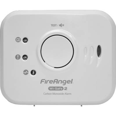Ein Kohlenmonoxidmelder mit Testknopf, LED-Anzeigen für Betrieb, Fehler und CO-Alarm, Label 'FireAngel Wi-Safe 2'.