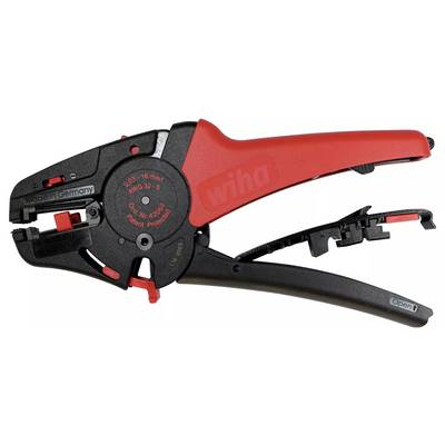 Abgebildet ist eine rote und schwarze automatische Abisolierzange der Marke Wiha, geeignet für Kabeldurchmesser von 0,03-16 mm².