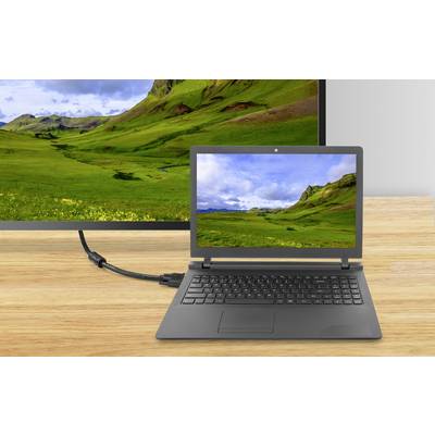 Ein Laptop, der mit einem HDMI-Kabel an einen größeren Monitor angeschlossen ist, beide zeigen ein Bild von grünen Hügeln und Wolken.