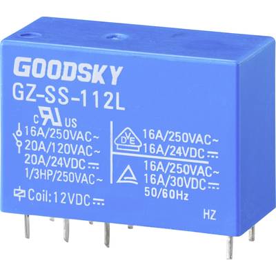 Ein blaues Relais mit der Aufschrift 'GOODSKY GZ-SS-112L', zeigt elektrische Spezifikationen wie 16A/250VAC und 20A/12VDC.