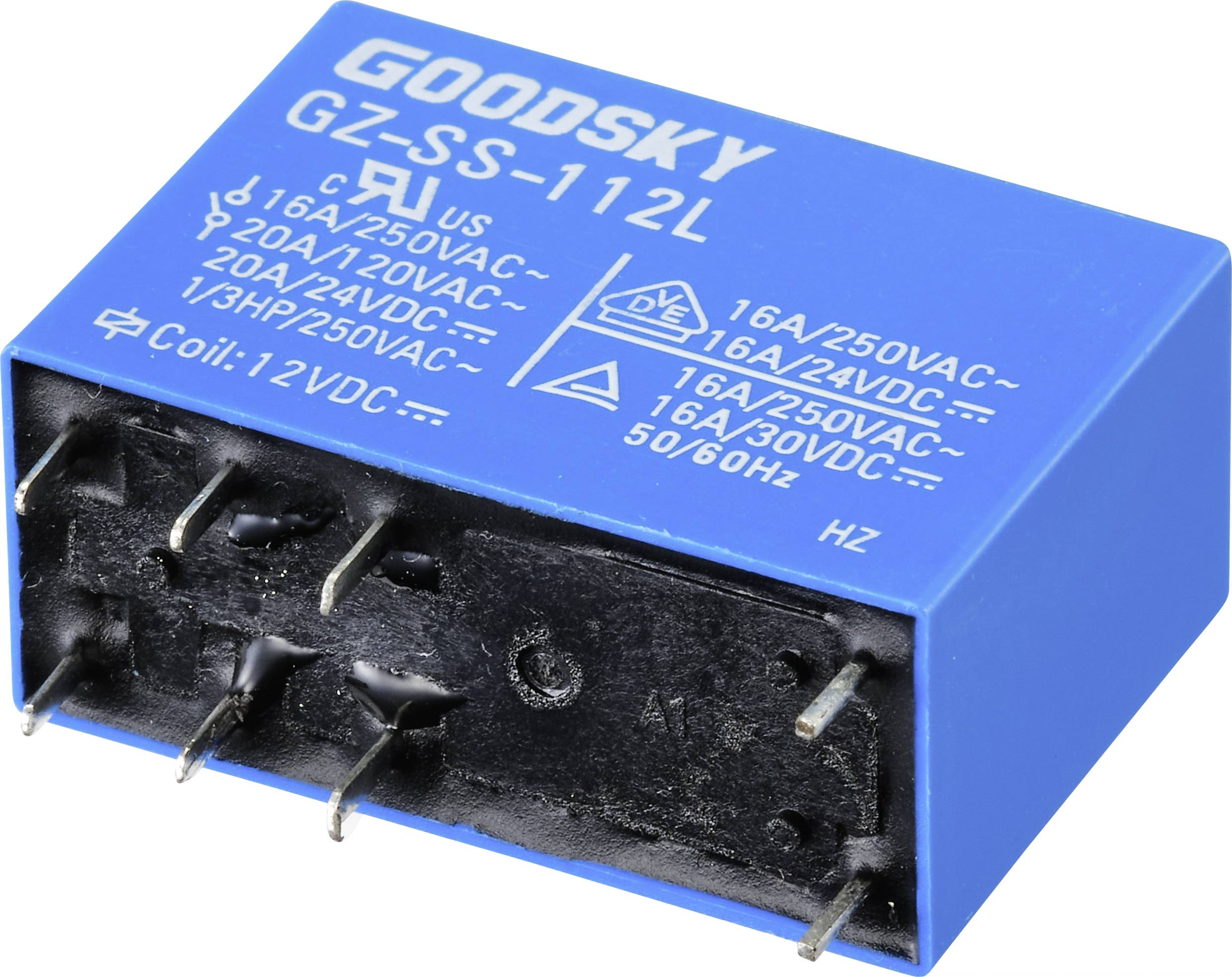 'Blaues Relais GOODSKY GZ-SS-112L mit technischen Spezifikationen auf der Oberfläche für elektrische Anwendungen.'