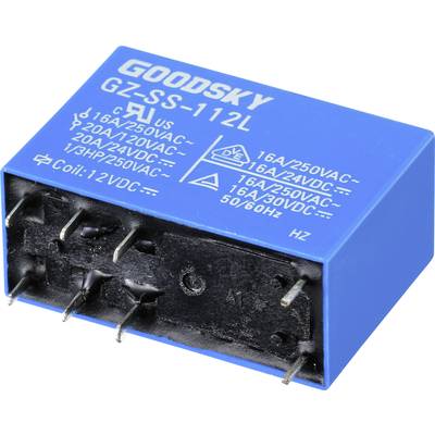 'Blaues Relais GOODSKY GZ-SS-112L mit technischen Spezifikationen auf der Oberfläche für elektrische Anwendungen.'