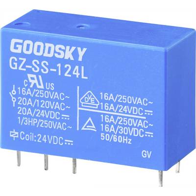 Blaues Relais der Marke Goodsky, Typ GZ-SS-124L, zeigt elektrische Spezifikationen: 16A/250VAC, 20A/120VAC, 24VDC Spule.