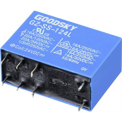 Blauer Goodsky-GZ-SS-124L-Relais mit technischen Spezifikationen: 16A/250VAC, 20A/120VAC, Spule: 24VDC.