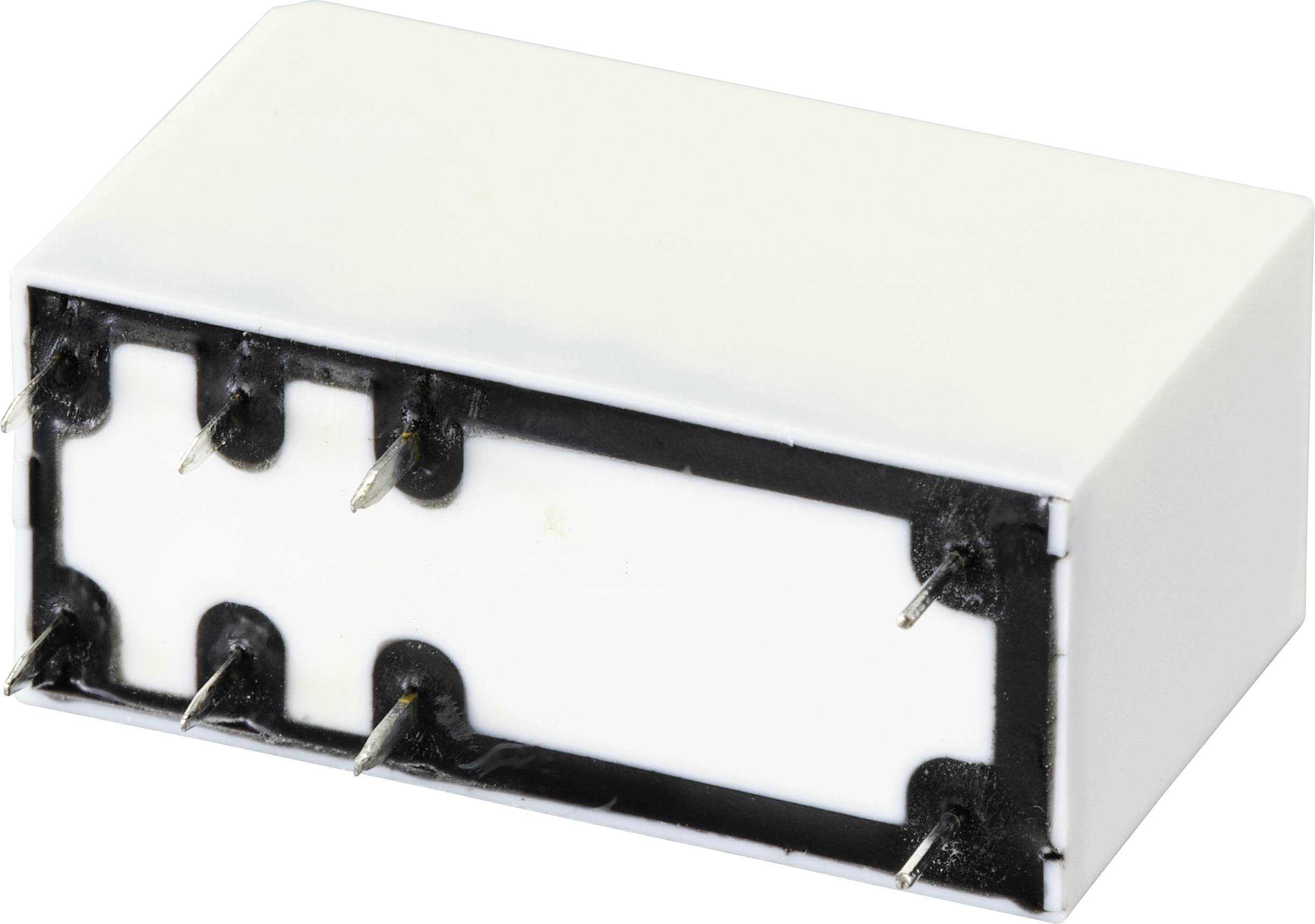 Ein weißer, rechteckiger elektronischer Bauteil mit fünf herausragenden Metallpins, liegend dargestellt.