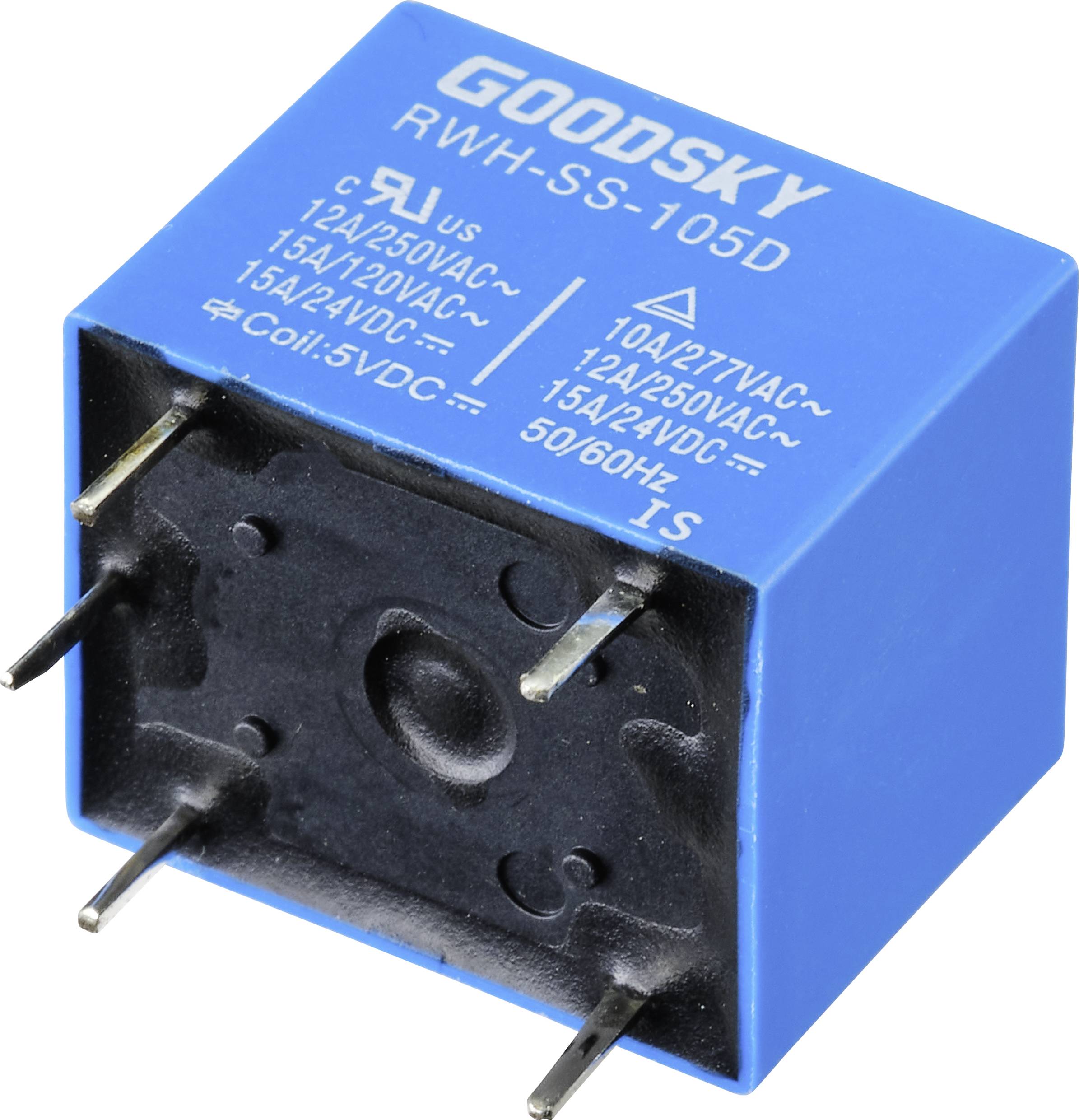 Ein blauer Elektromagnetischer Relaiswürfel mit silbernen Pins, aufgedrucktem Text 'GOODSKY RWH-SS-105D' Spezifikationen für Spannung und Stromstärke.