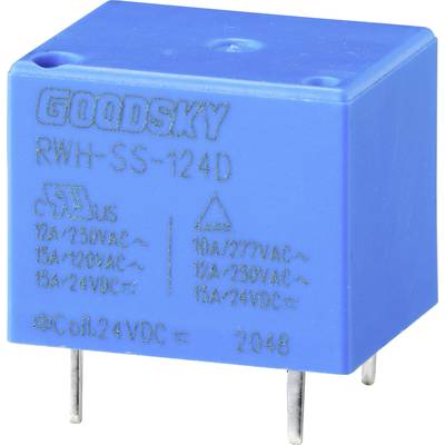 Ein blauer elektromechanischer Relaisbauteil mit Beschriftung 'GOODSKY RWH-SS-124D', zeigt verschiedene Spannungs- und Stromwerte.