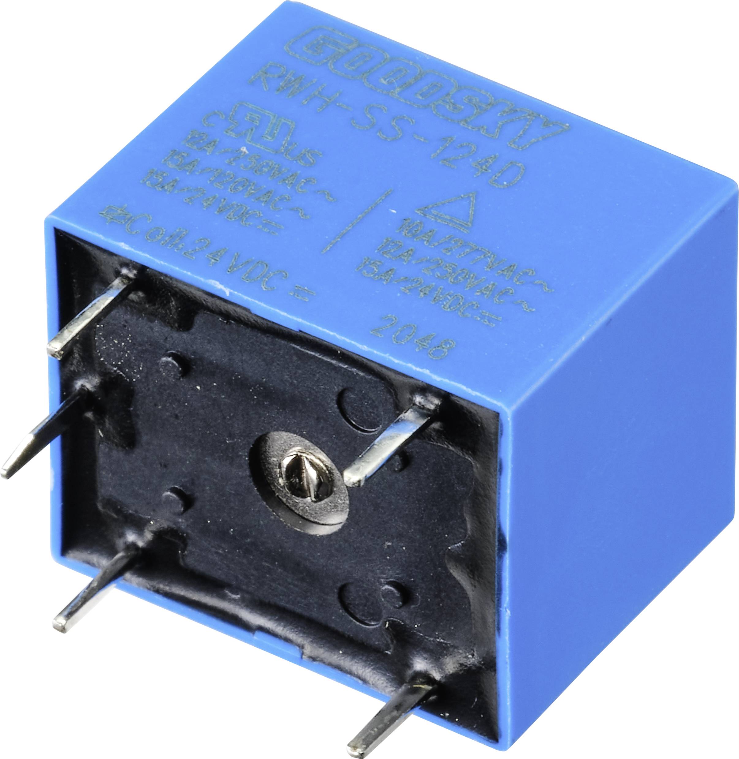 Ein blauer elektrischer Relaiswürfel mit Anschlussstiften, auf dem technische Spezifikationen und der Markenname aufgedruckt sind.