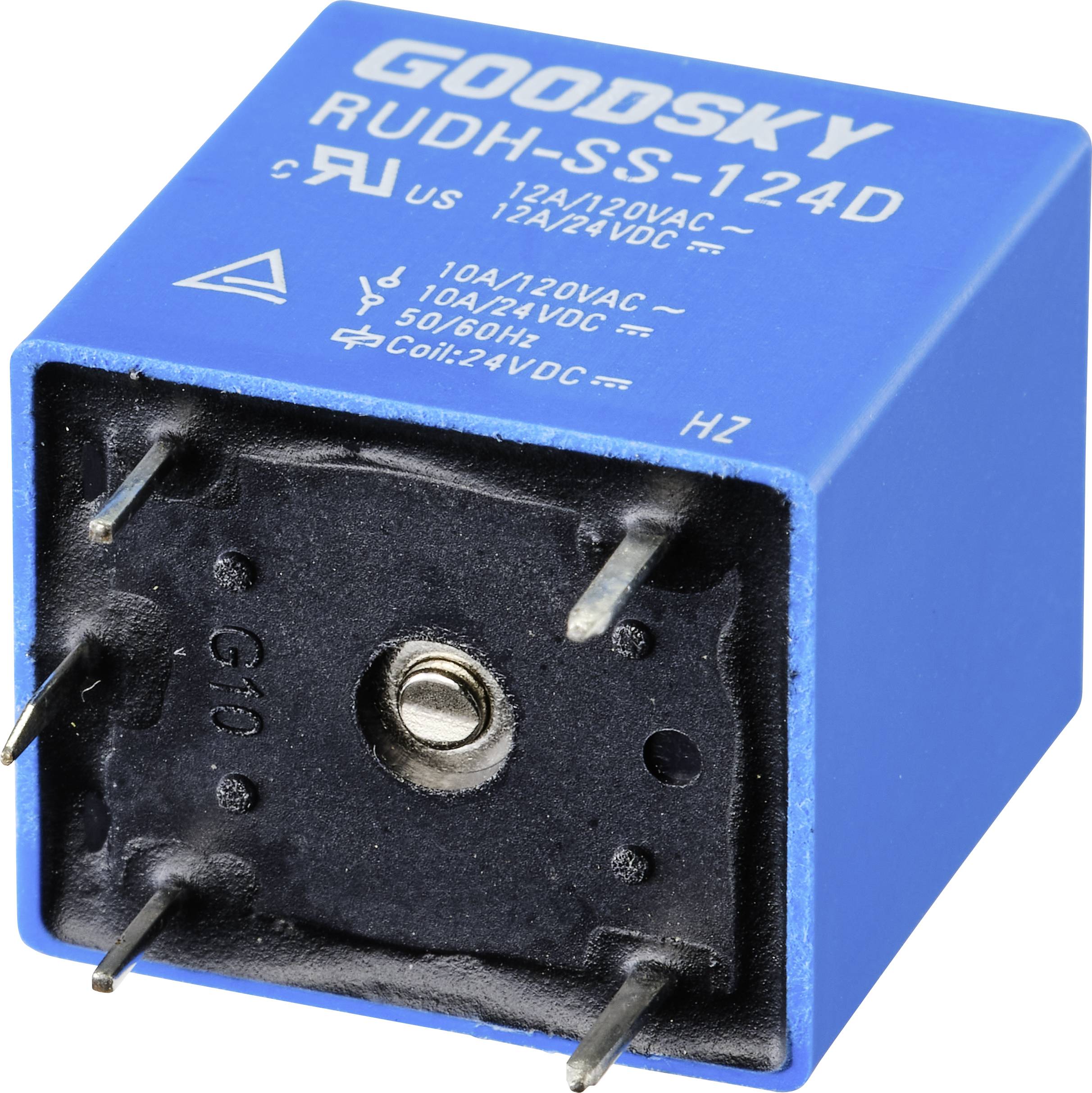 Ein blauer Relaiswürfel mit vier Stiftkontakten. Aufdruck: 'GOODSKY RUDH-SS-124D', Spezifikationen und Zulassungszeichen.