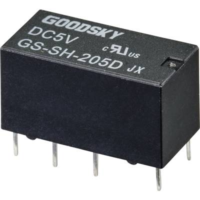 Kleines schwarzes Relais von Goodsky mit der Aufschrift 'DC5V GS-SH-205D JX', zeigt elektrische Spezifikationen.