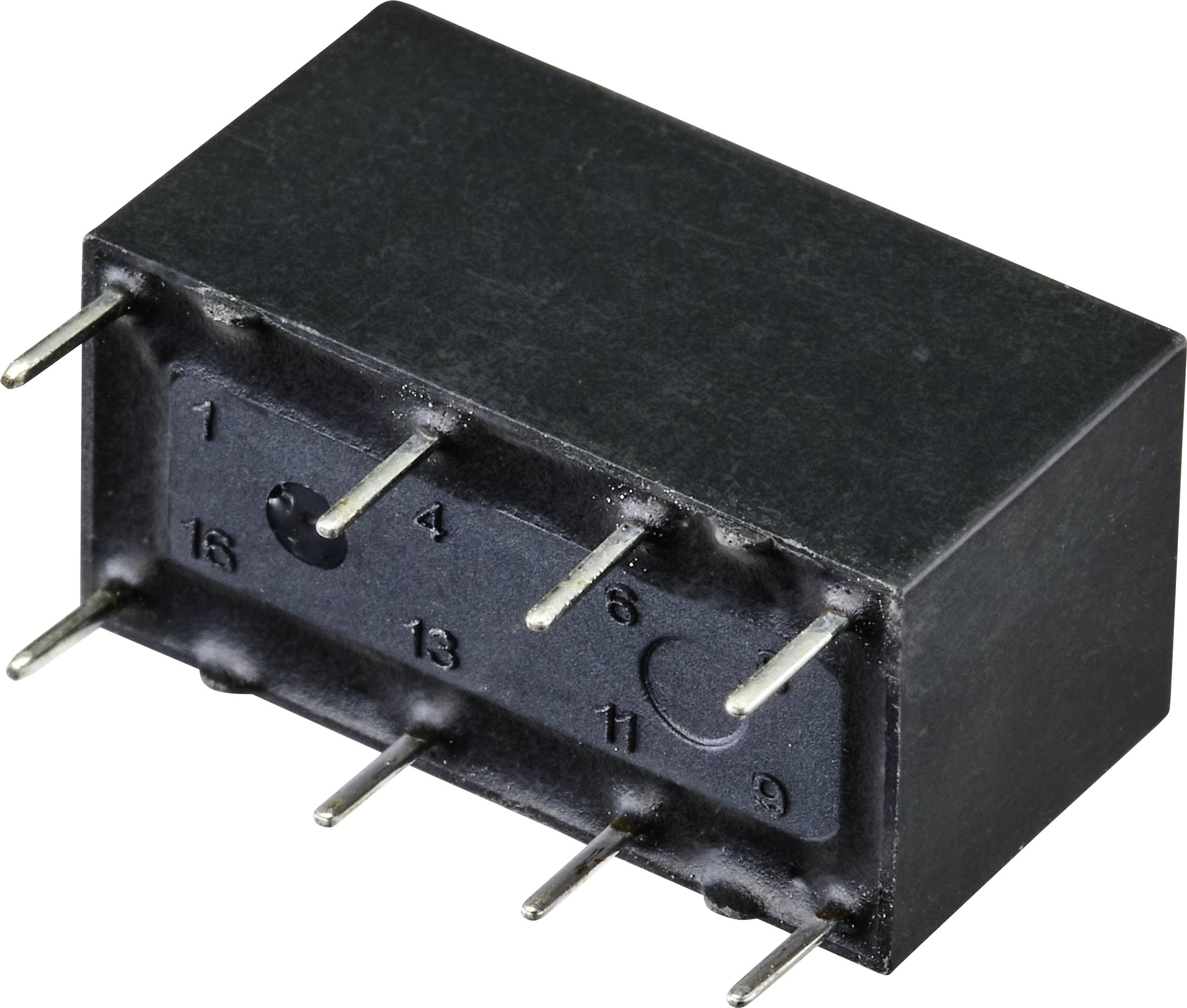 Ein rechteckiges, schwarzes elektronisches Bauteil mit acht Metallstiften, das aussieht wie ein Relais oder ein ähnliches Bauelement.