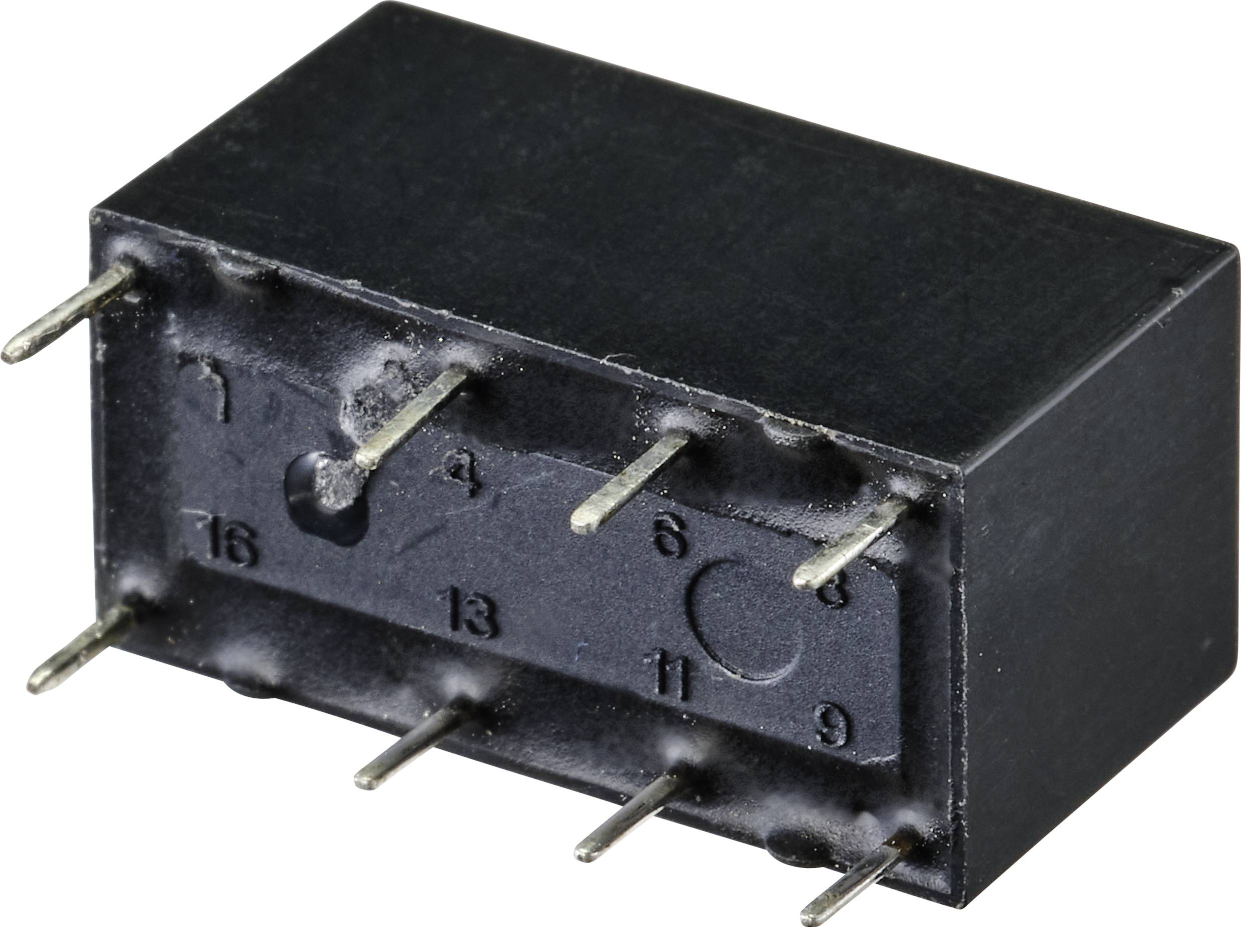 Rechteckiges elektrisches Bauteil mit 16 Metallpins, angeordnet in zwei Reihen, verwendet zur Verbindung in elektronischen Schaltungen.