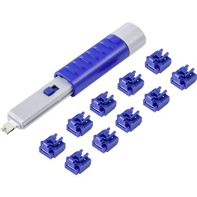 USB-Diagnosewerkzeug in Blau und Silber mit neun blauen Steckadapteraufsätzen, die zur Fehlerbehebung und Analyse in Computernetzwerken genutzt werden.