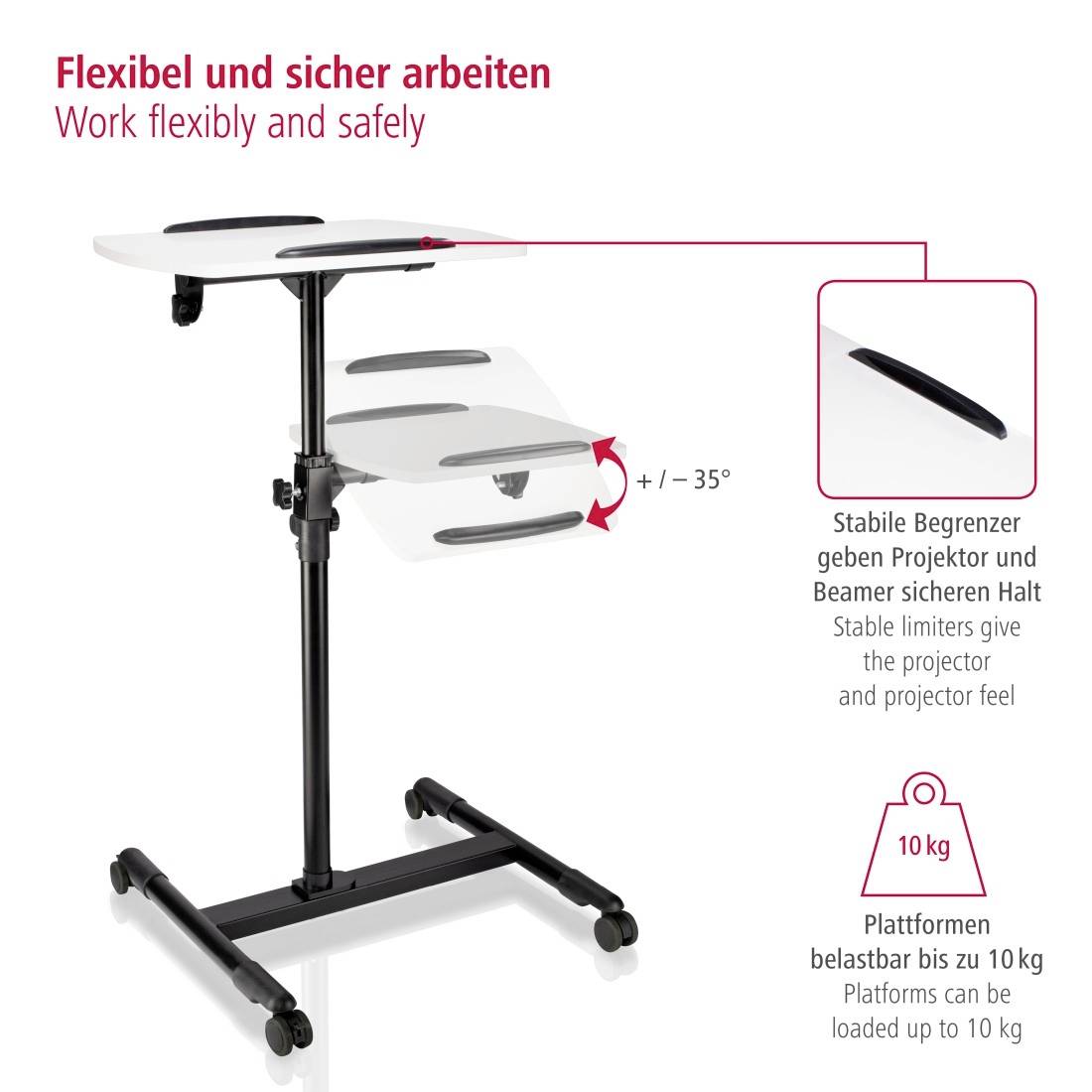 'Projektortisch in Schwarz-Weiß, höhenverstellbar, mit neigbaren Plattformen und stabilen Begrenzern. Belastbar bis 10 kg.'