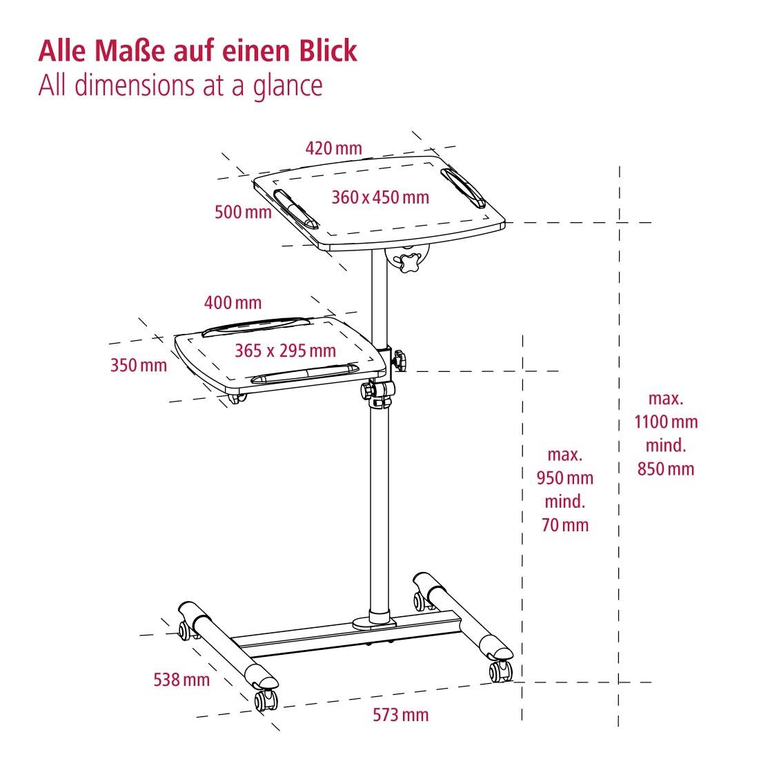 'Alle Maße auf einen Blick': Ein mobiler Tisch mit zwei Ebenen. Obere Plattform: 360 x 450 mm, verstellbare Höhe bis max. 1100 mm. Untere Plattform: 365 x 295 mm. Gesamtbreite: 573 mm.