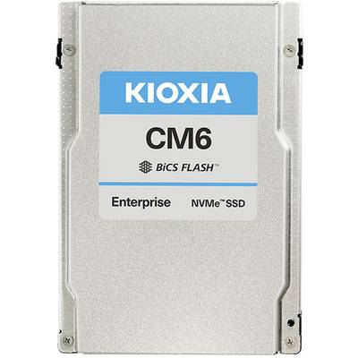 'KIOXIA CM6 BiCS FLASH Enterprise NVMe SSD' auf einem silbernen Gehäuse abgebildet.