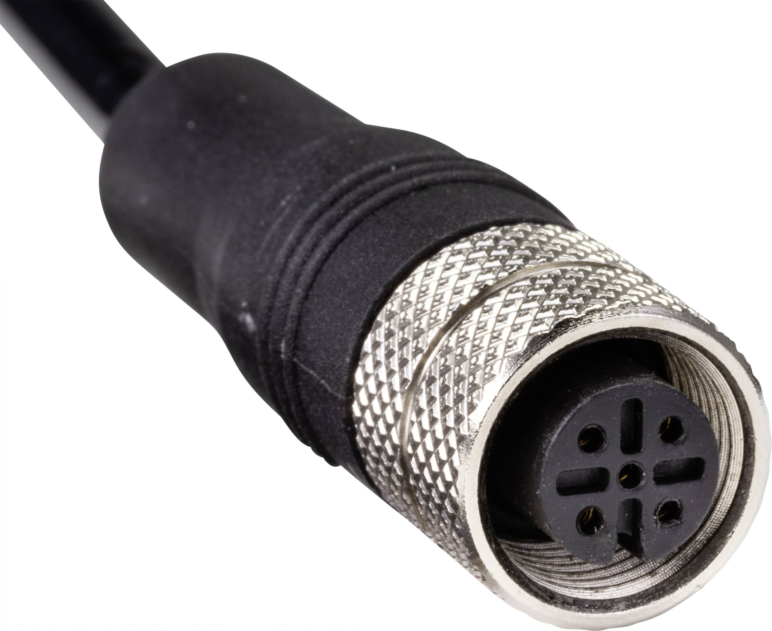 Ein schwarzer, runder Stecker mit sechs poligen Öffnungen, umgeben von einem silbernen Metallgehäuse.