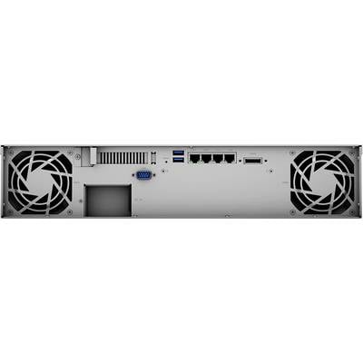 Rückseite eines elektronischen Geräts mit Lüftungsschlitzen, mehreren USB-Anschlüssen, Ethernet-Ports und einem seriellen Anschluss.