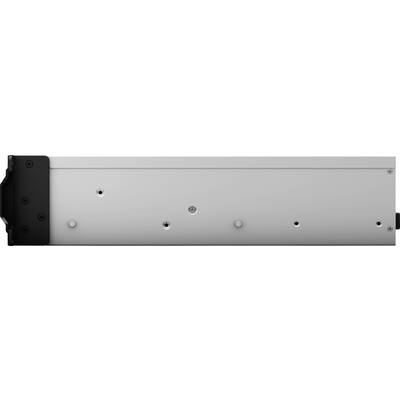 Ein silbernes, rechteckiges Metallgerät mit schwarzen Endabdeckungen und mehreren Schraubenlöchern entlang der Oberfläche.