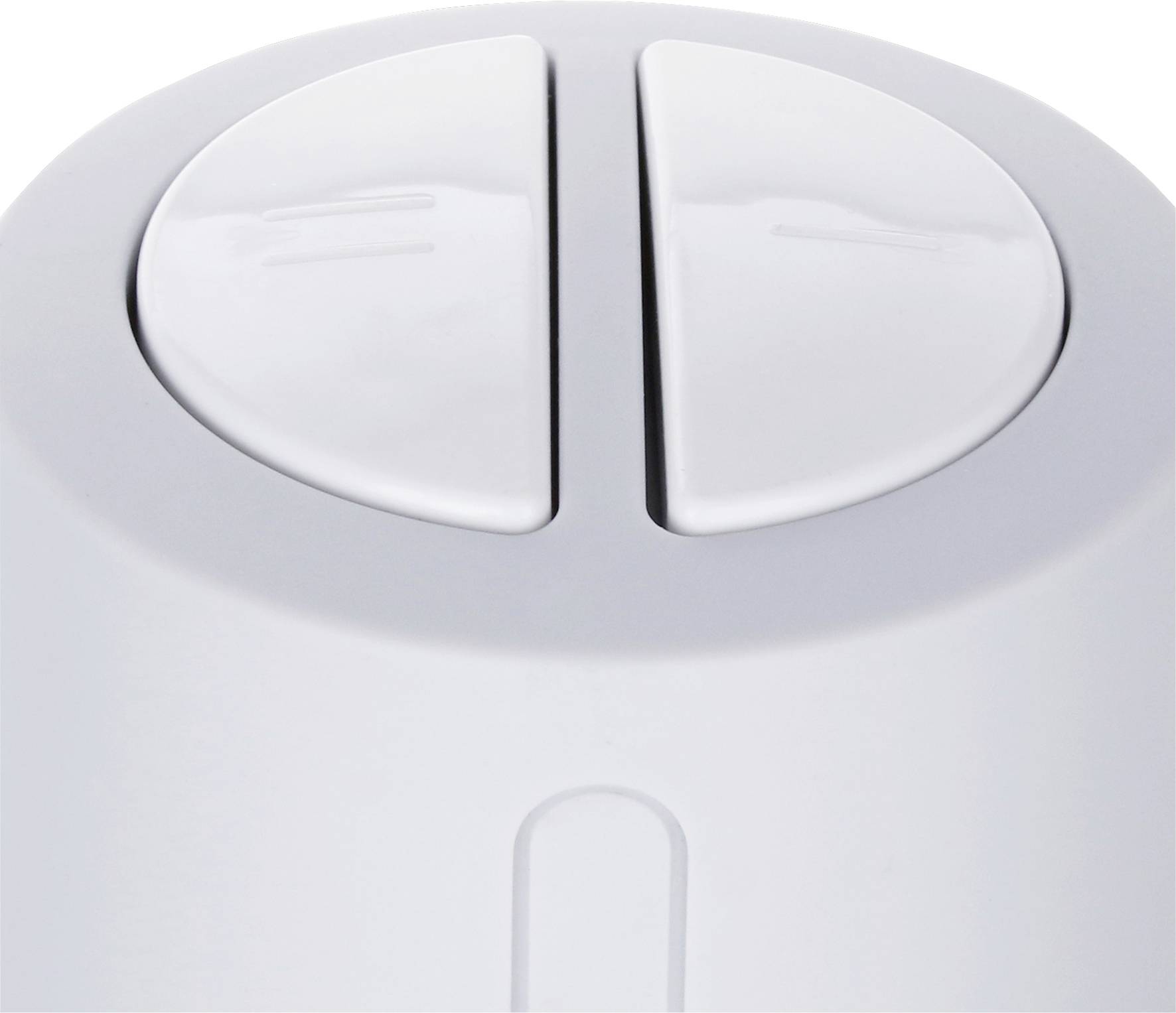 Ein weißer elektrischer Wasserkocher mit zwei grauen Knöpfen auf dem Deckel zur Bedienung.