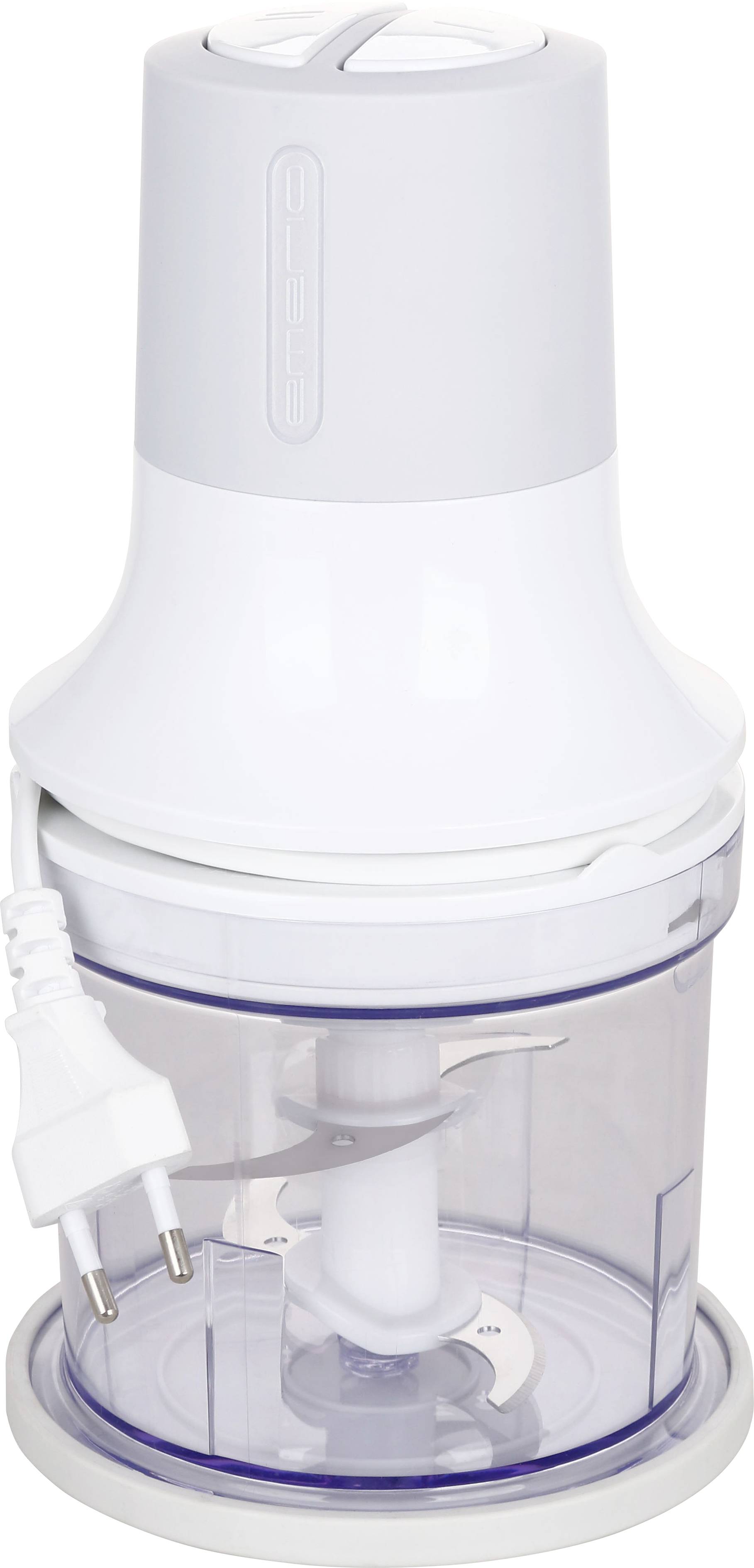 Weißer elektrischer Zerkleinerer mit transparentem Behälter und Metallklingen. An der Oberseite befindet sich ein Stromkabel.
