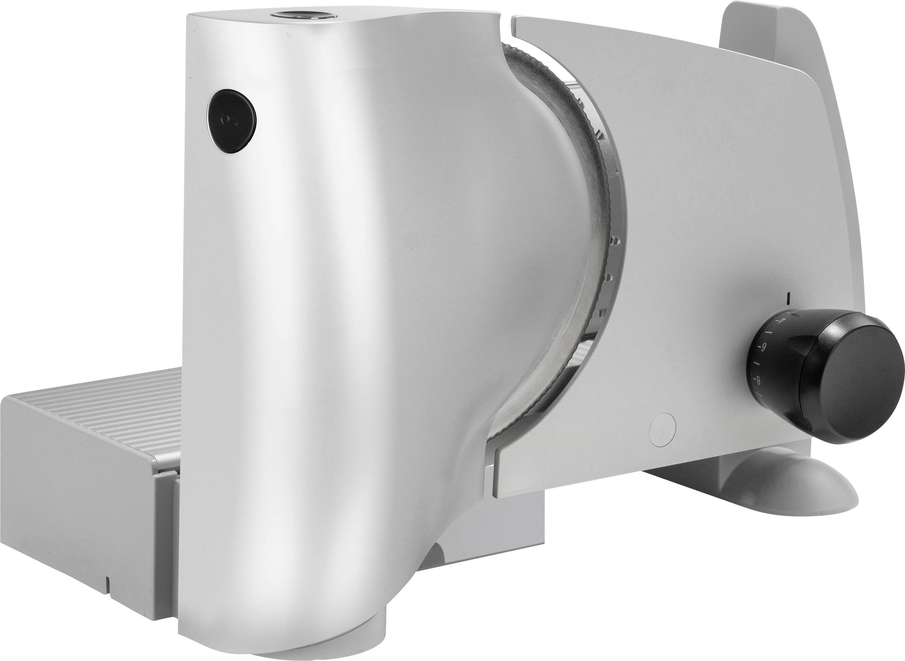 Ein silberner elektrischer Allesschneider mit einem großen Drehknopf zur Einstellung der Schnittstärke. Geeignet für Brot, Fleisch und Käse.