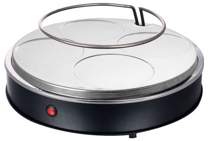 Ein runder, elektrischer Plattenwärmer mit Metallring und rotem Einschaltsignal. Verwendet zum Warmhalten von Speisen.