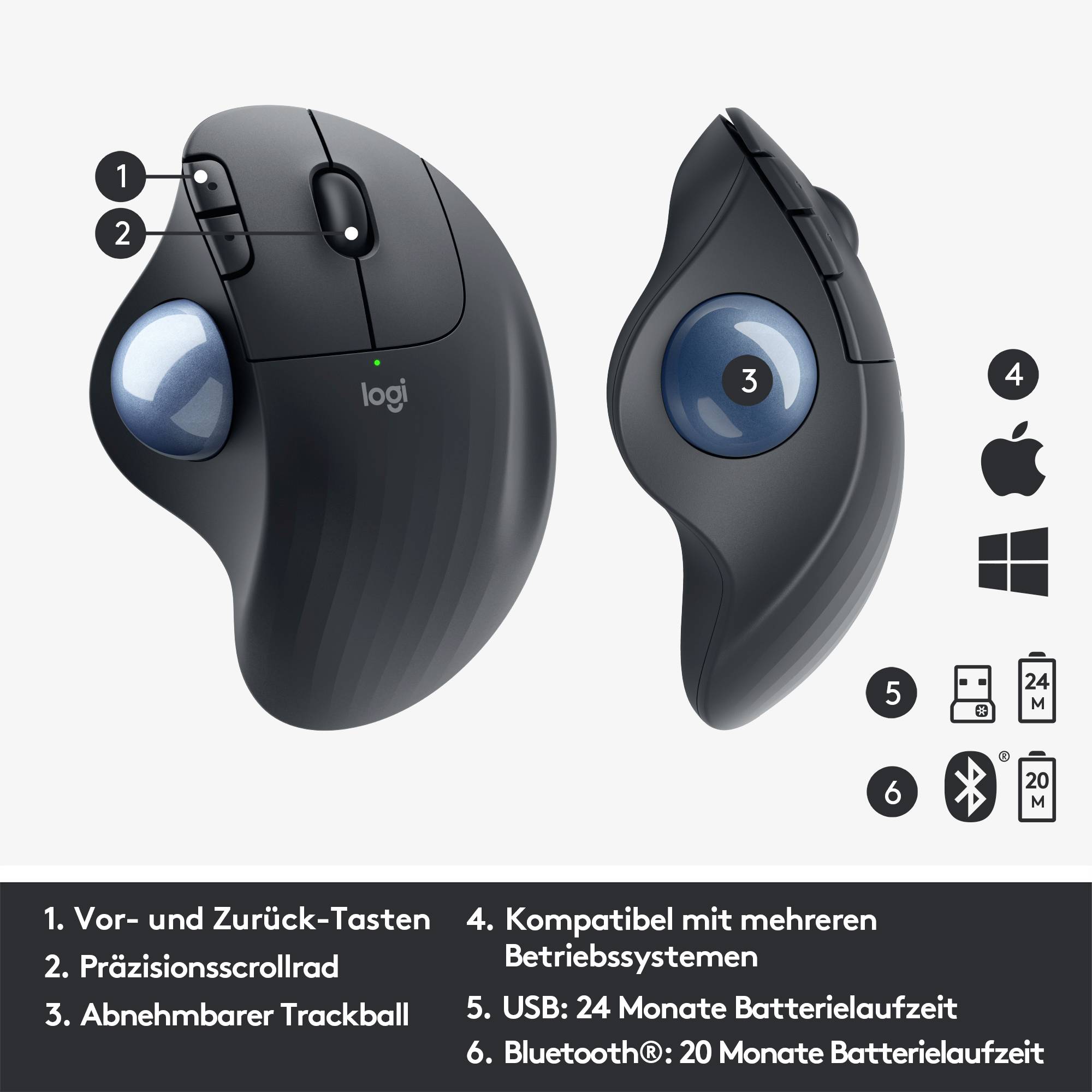 Logitech ERGO M575 Trackball Funk Optisch Schwarz 5 Tasten 2000 dpi Ergonomisch-5