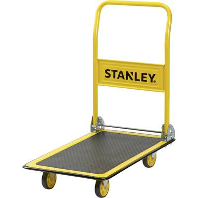 Gelber Klappwagen mit schwarzer Plattform, geeignet für den Transport von Lasten. Markiert mit dem Schriftzug 'Stanley'.