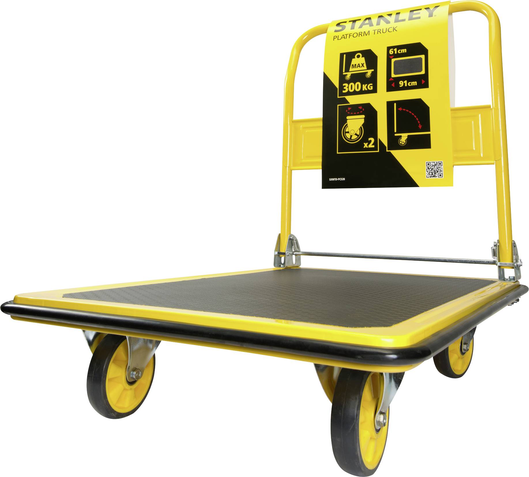 Gelber Plattformwagen mit schwarzer Fläche, vier Rädern und Griffen. Beschriftet mit Tragkraft von 300 kg und Maßen.