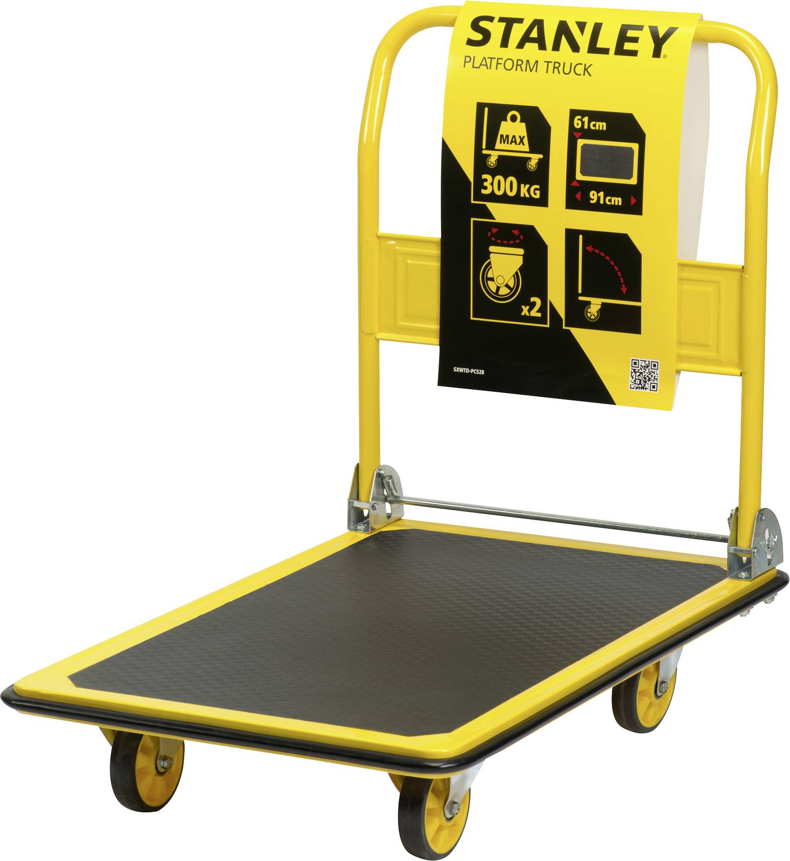 Gelber Plattformwagen von Stanley mit schwarzer Ladefläche. Maximalbelastung 300 kg, Abmessungen 61 cm x 91 cm, faltbarer Griff.