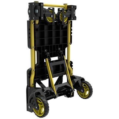 Klappbarer Handwagen aus gelbem und schwarzem Metall mit großen Rädern, hochgeklappt in einer vertikalen Position.