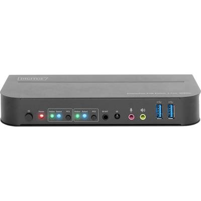 Ein KVM-Switch mit Anschlüssen vorne, darunter zwei USB-3.0-Ports, Audio- und Mikrofonbuchsen, LED-Anzeigen und Bedientasten.