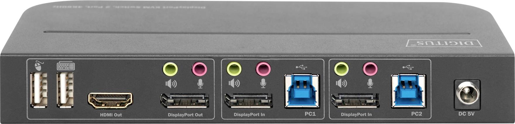 Ein KVM-Switch mit mehreren Anschlüssen: zwei USB, HDMI, vier DisplayPort-Anschlüsse, vier Audio-Ein-/Ausgänge, zwei PC-Schalter, DC-Eingang.