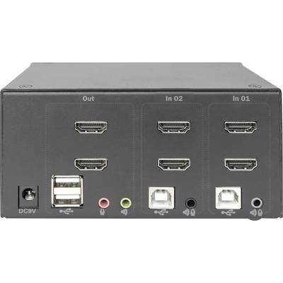 Schwarzer Verteilerkasten mit mehreren HDMI-, USB- und Audioanschlüssen, gekennzeichnet als 'Out', 'In 01' und 'In 02'.