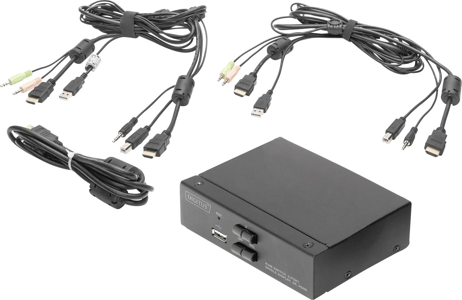 Ein schwarzes Steuergerät mit mehreren Kabeln, darunter HDMI- und Audiokabel, zur Verbindung und Steuerung elektronischer Geräte.