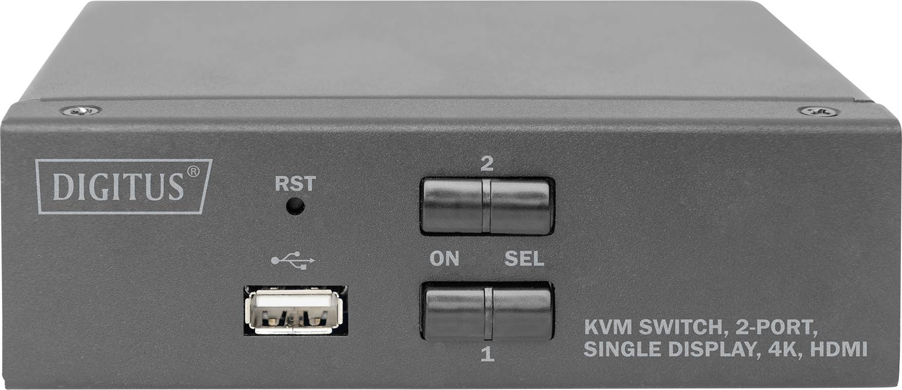 Schwarzer KVM-Switch von Digitus mit zwei Schaltern und USB-Anschluss an der Vorderseite. Modell für 2 Ports, Single Display, 4K, HDMI.