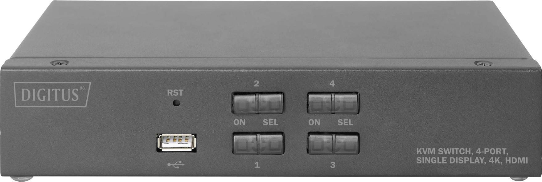 Ein grauer KVM-Switch mit vier Ports und HDMI-Anschluss. Vorderseite zeigt Tasten zur Port-Auswahl und einen USB-Anschluss.