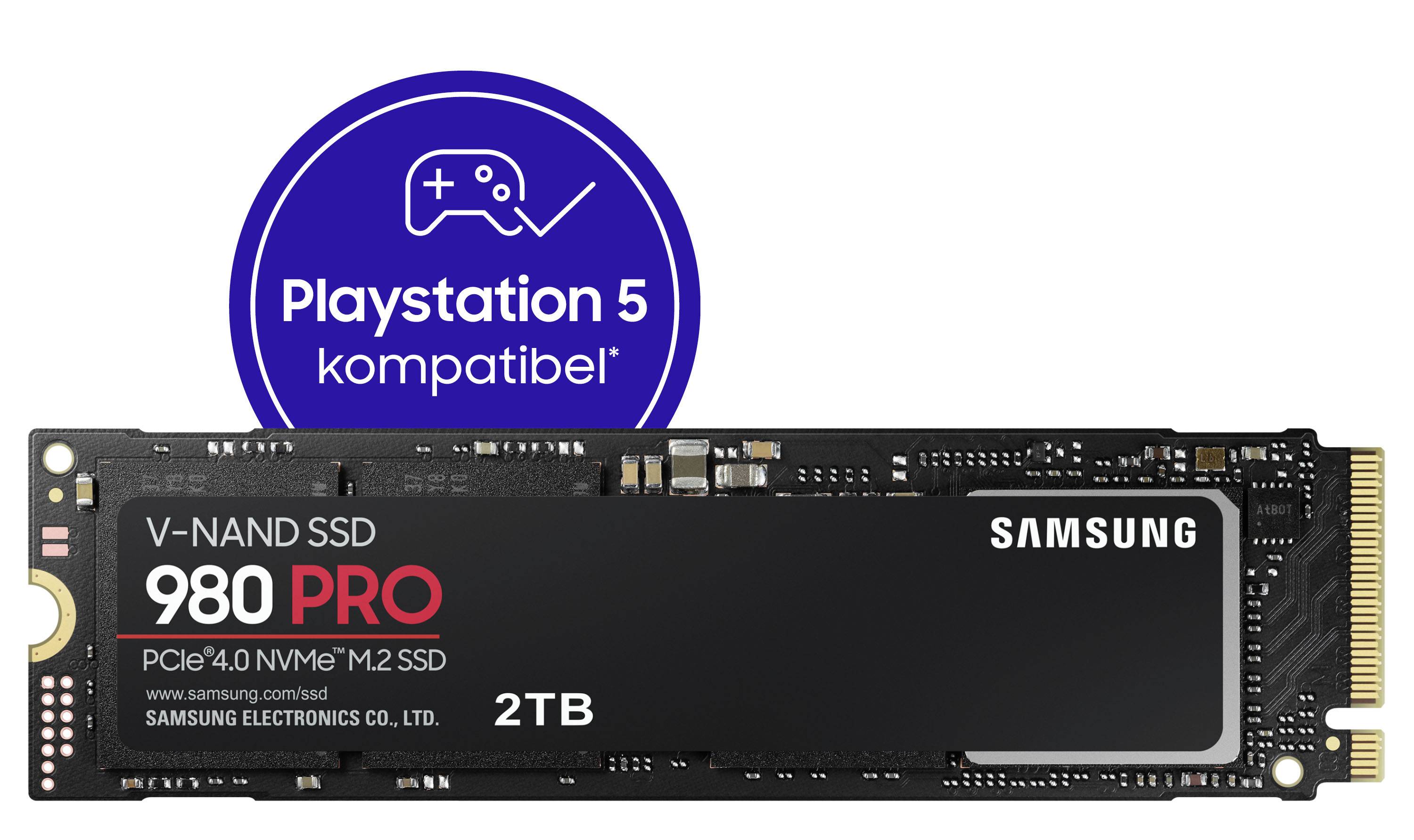 Eine Samsung 980 PRO SSD mit 2TB Kapazität, geeignet für PlayStation 5, angezeigt mit einem blauen Kompatibilitätslogo.