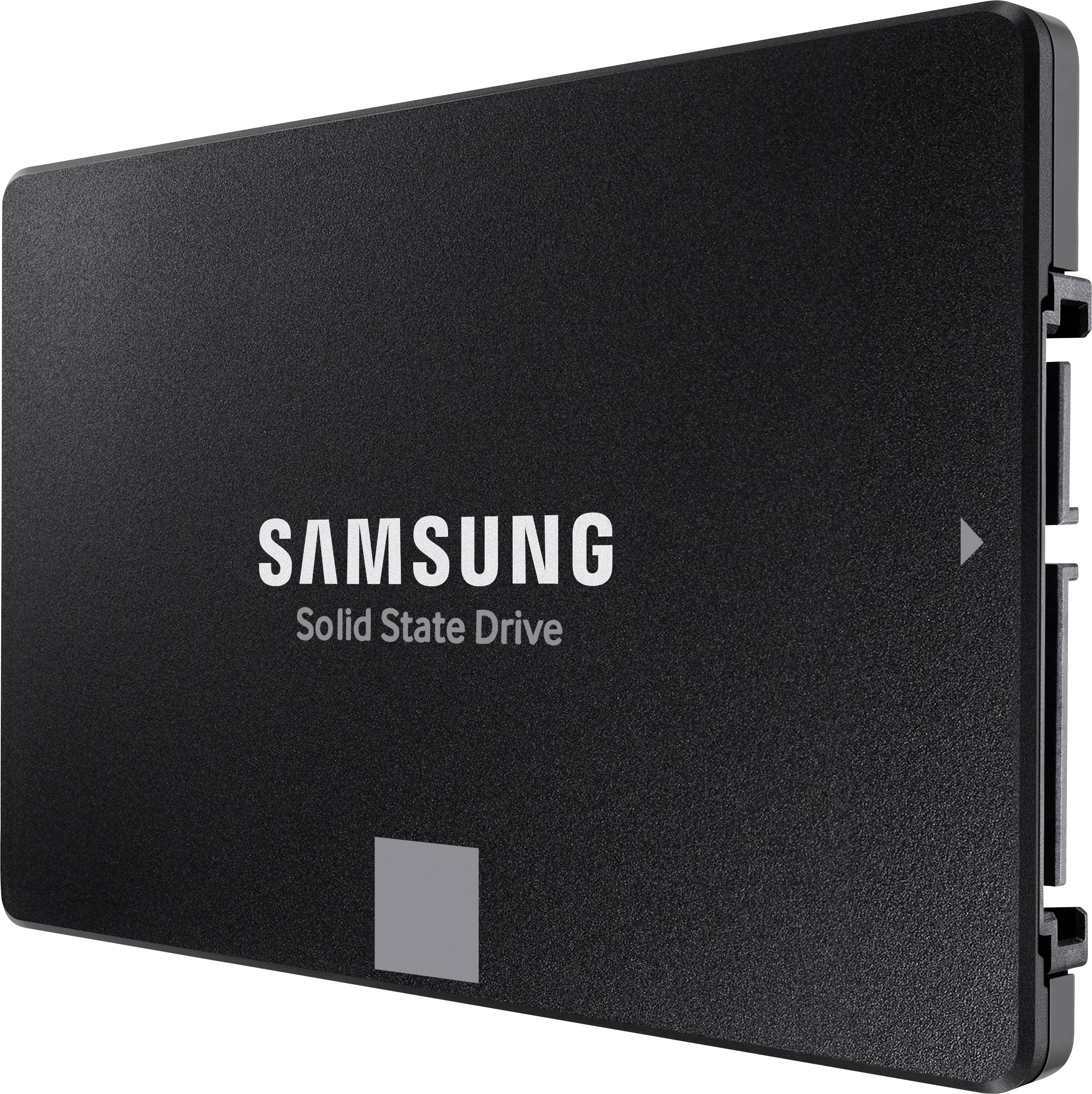 'Schwarze Samsung Solid State Drive mit weißem Logo und Beschriftung.'