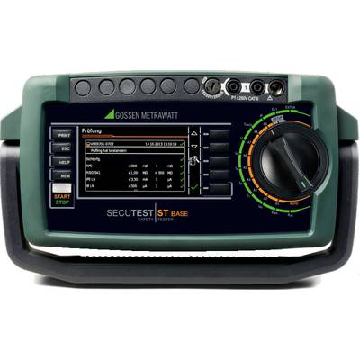 Ein tragbares elektrisches Prüfgerät mit digitalem Display zeigt Testergebnisse an. Es hat Bedienelemente und Anschlüsse oben.