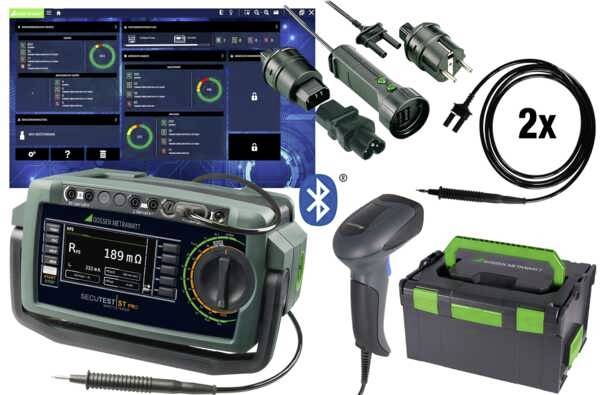 Ein Set elektronischer Prüfgeräte mit Bluetooth-Funktion, bestehend aus einem Messgerät, Kabeln, Adaptern, Scanner und Aufbewahrungsbox.