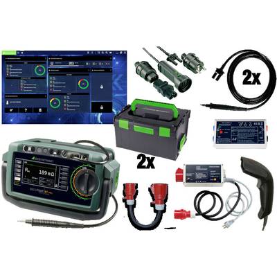 Ein Elektronik-Set bestehend aus einem Prüfgerät, Ladegerät, Kabeln und Adaptern. Zubehörteile sind für Prüftätigkeiten geeignet.
