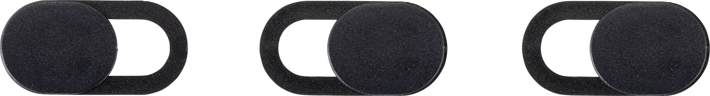 'Drei schwarze Webcam-Abdeckungen: geschlossen, geöffnet und teilweise geöffnet, zeigen verschiedene Datenschutzpositionen.'