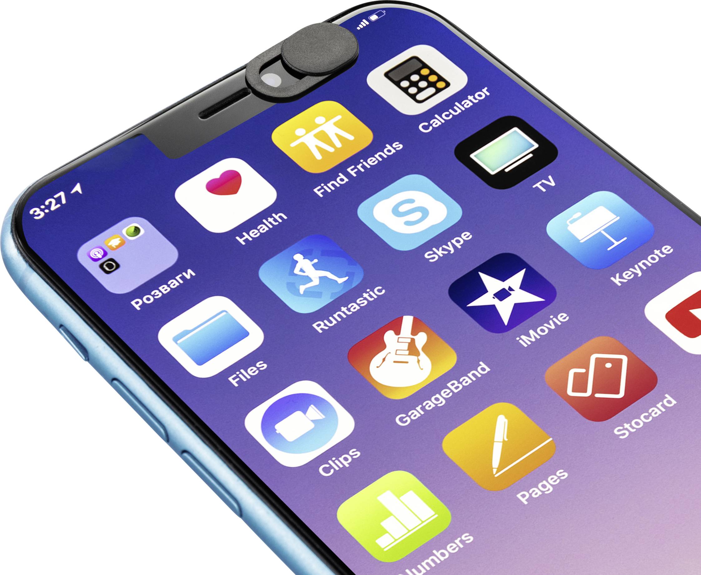 Smartphone mit Display, das verschiedene App-Symbole zeigt, darunter Gesundheit, Freunde finden, Rechner, Skype und iMovie. Eine Kameraabdeckung ist sichtbar.