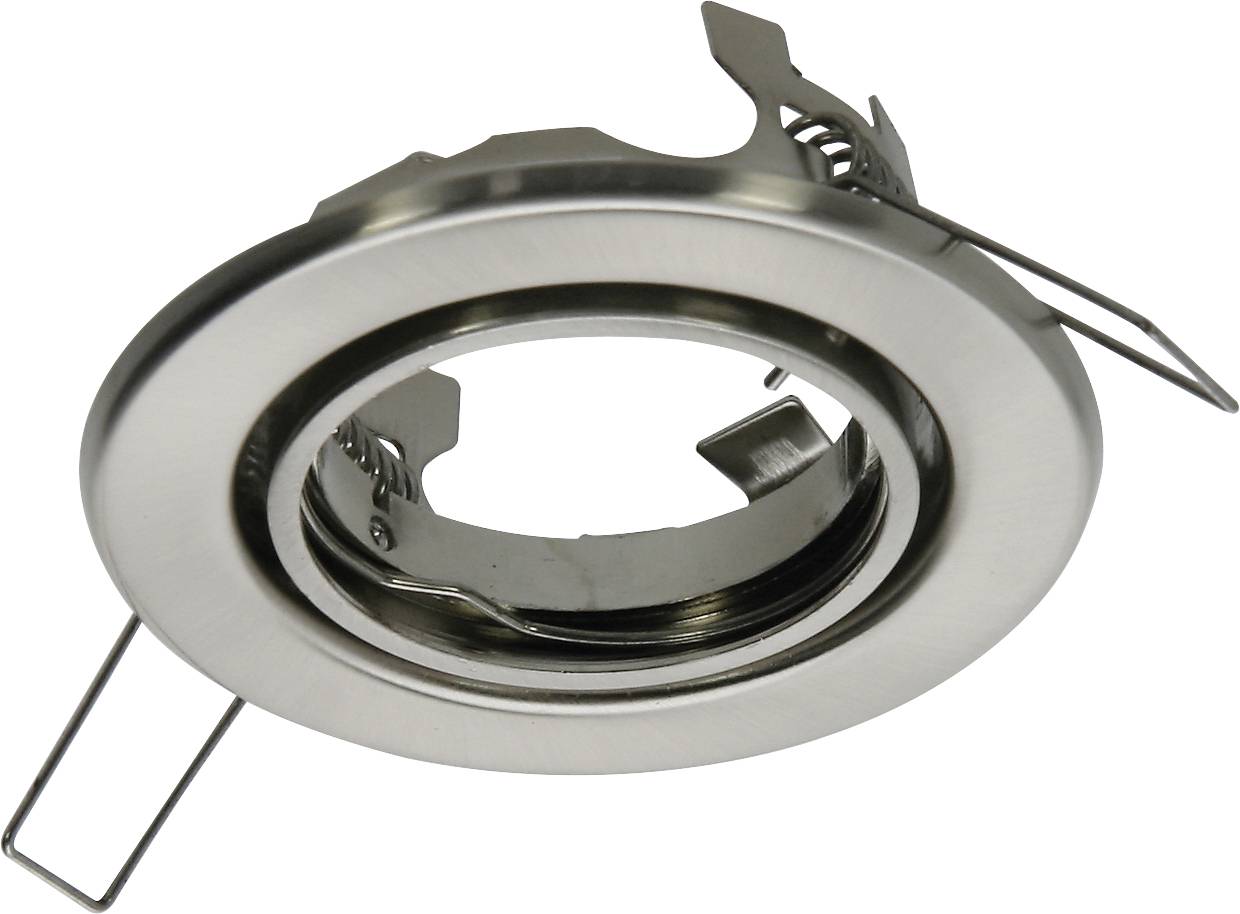 Ein runder Einbaurahmen aus Metall mit Klammern zur Befestigung. Geeignet für den Einbau in Decken oder Wände als Leuchtenhalterung.