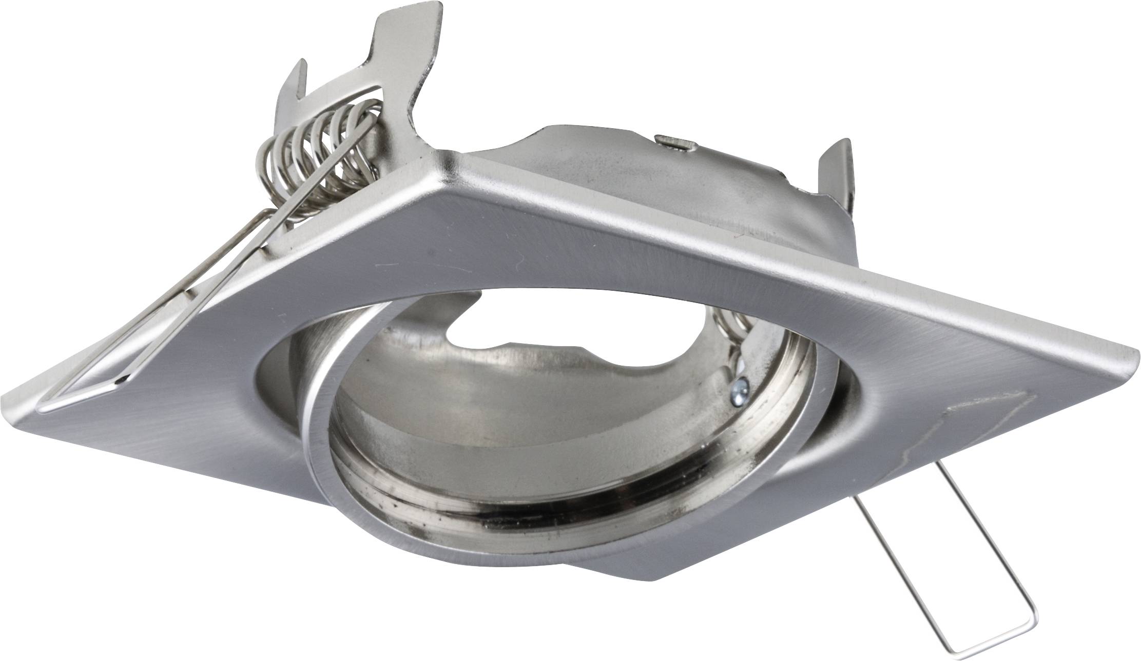 Quadratische Einbauleuchte aus Edelstahl mit federbelastetem Halteclip. Geeignet für Deckenmontage in modernen Innenräumen.