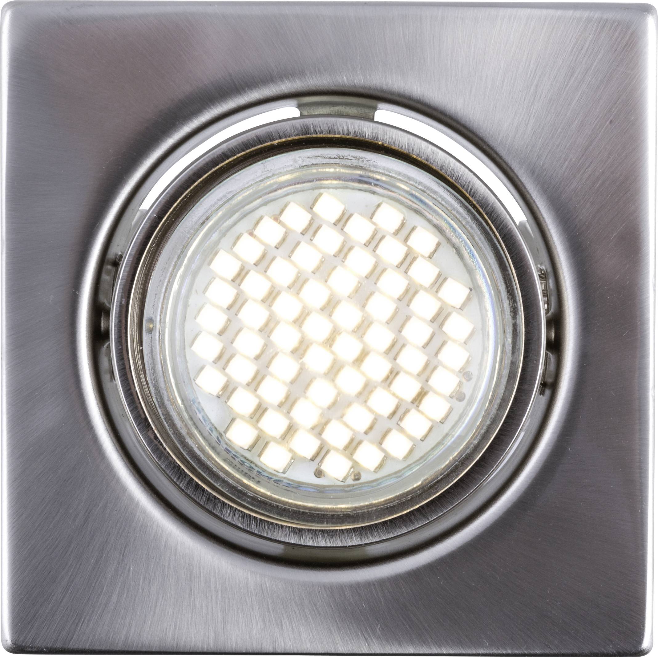 Ein LED-Deckenstrahler mit quadratischer Metallfassung und runder Leuchte, die ein gleichmäßiges, weißes Licht abgibt.