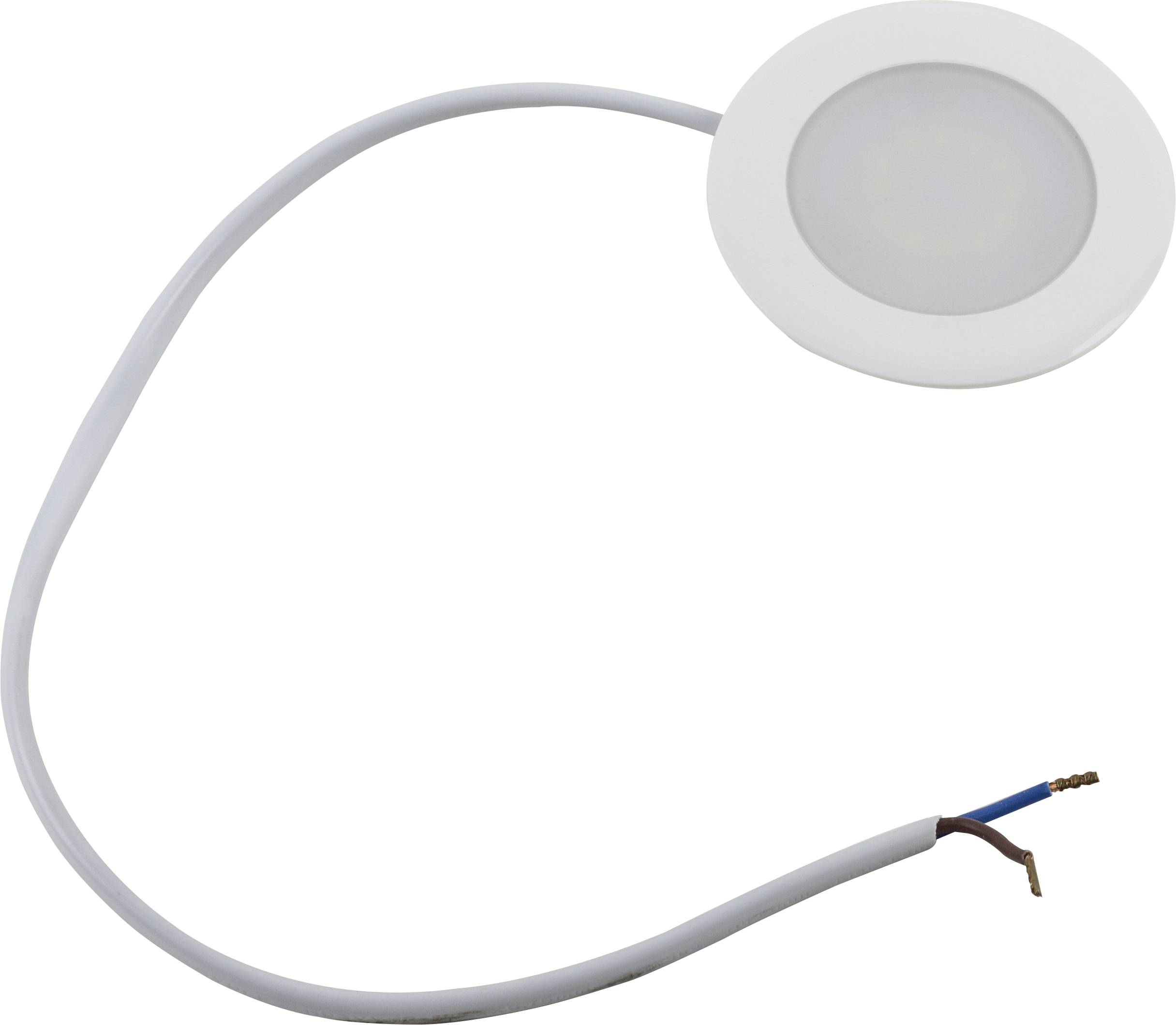 Runder, flacher, weißer LED-Spotstrahler mit einem angeschlossenen Kabel, das am Ende offen ist. Ideal für Deckenbeleuchtung.